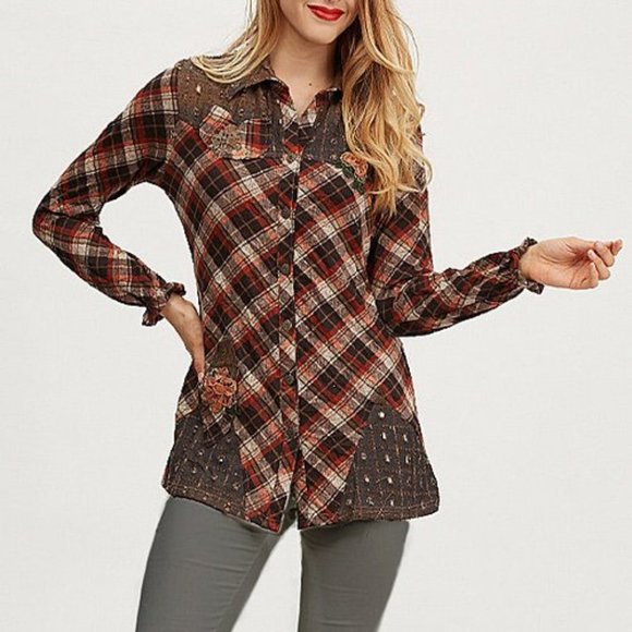 Simply Couture Orange & Sienna Floral Plaid Button-Up Top (1X) NWT - Picture 1 of 1